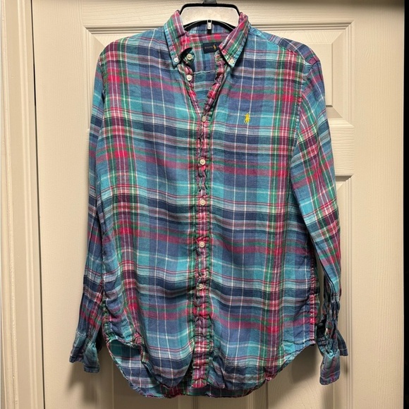 Polo Ralph Lauren | Plaid‎ Button Down Shirt Linen Blouse Sz M Blue Pink Green - Picture 1 of 7